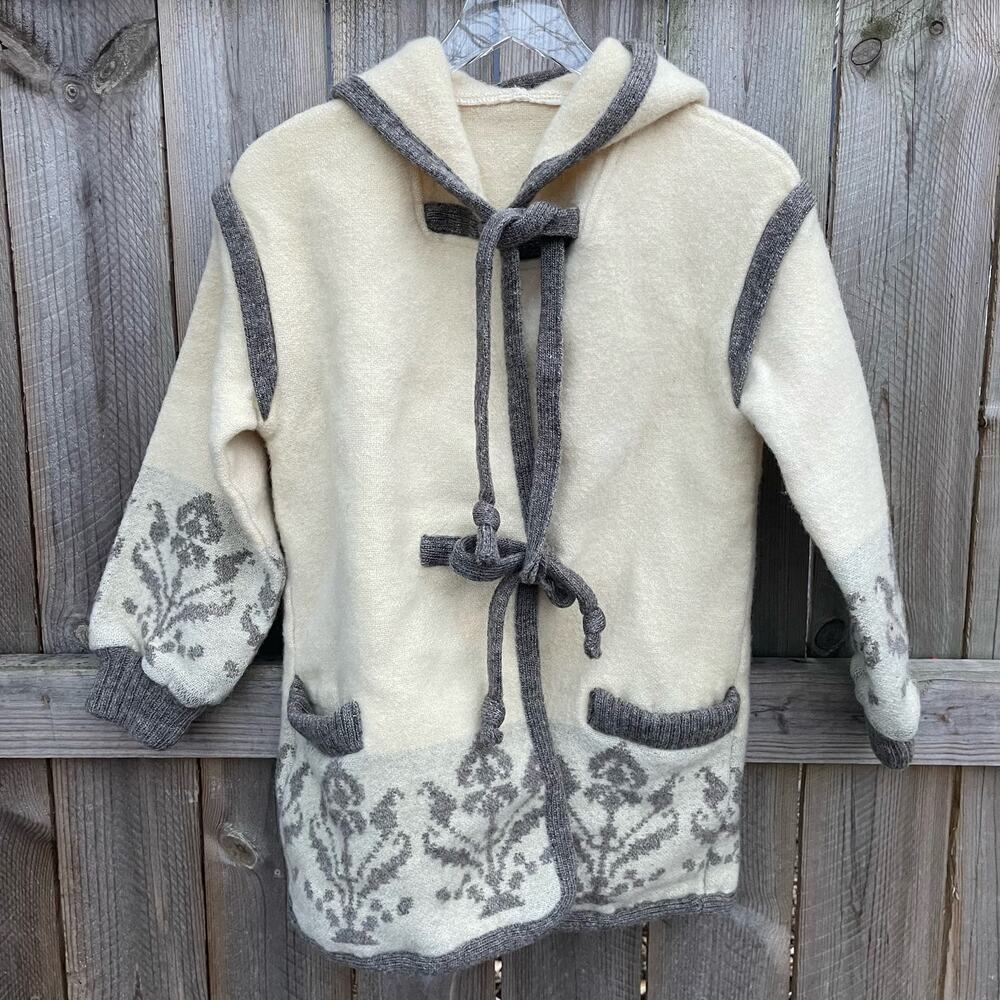 Alafoss of Iceland Ice Wool Jacket Cream and‎ Gray Tie Front Pockets Hooded